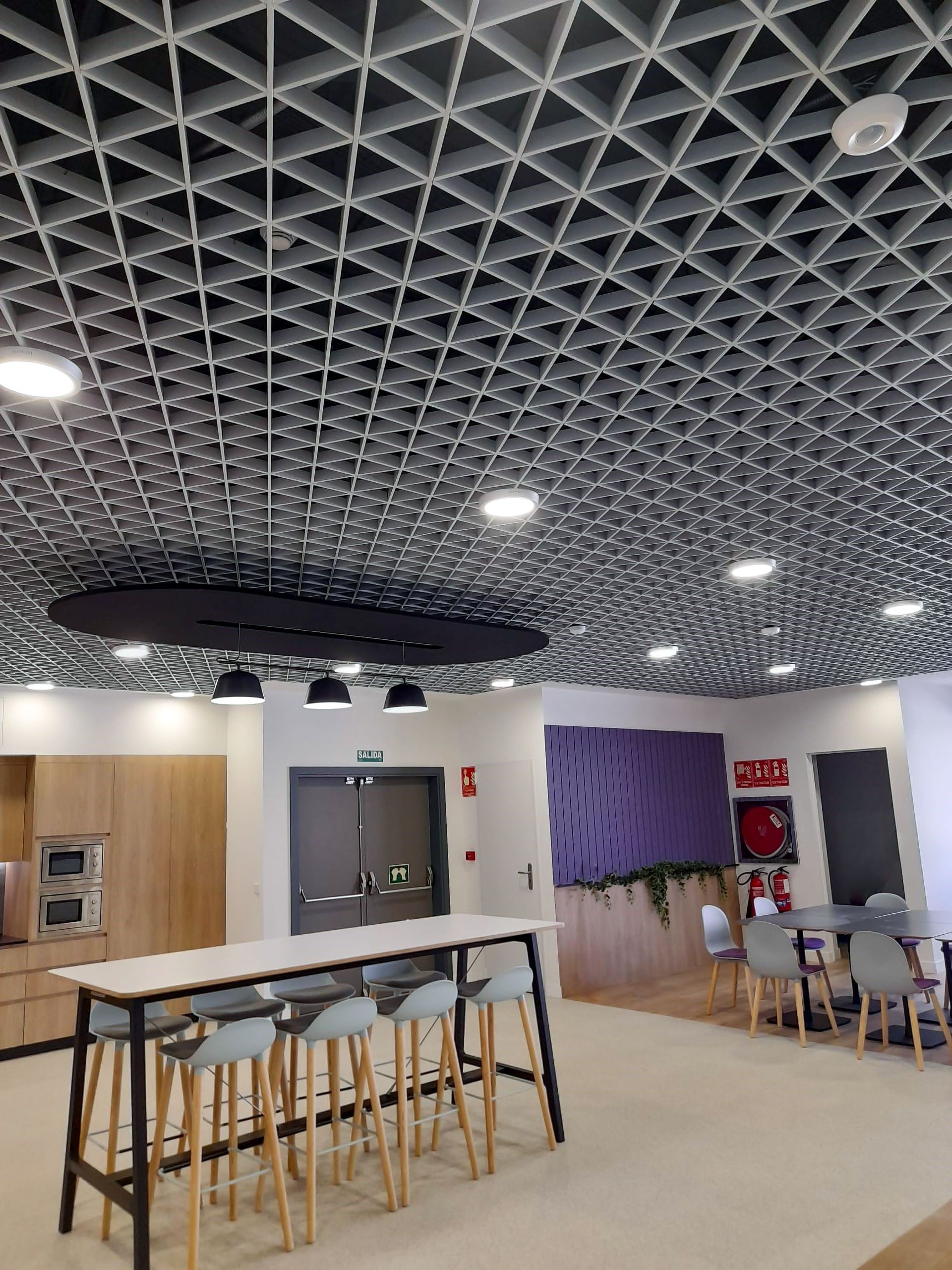 Contemporary office interior showcasing unique grid-patterned ceiling and minimalist furniture for a stylish workspace.